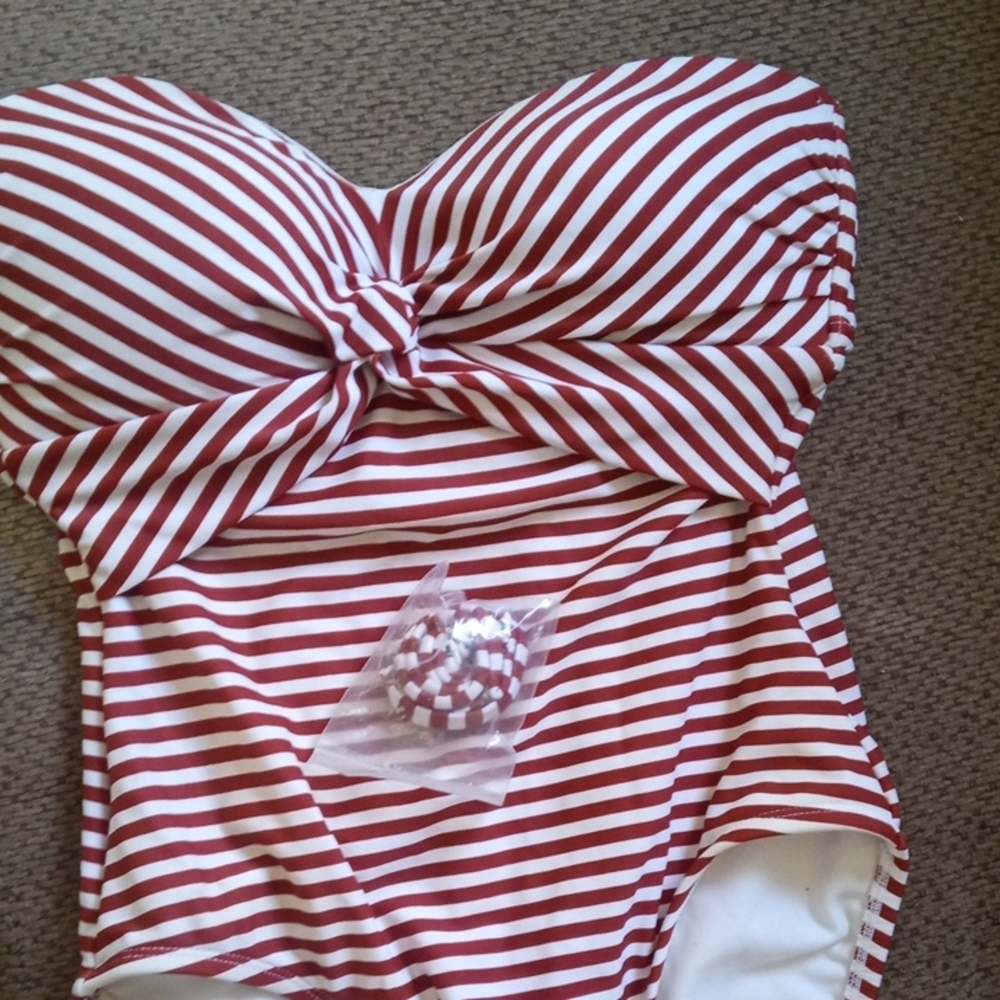 Red and White Striped Strapless Swimsuit